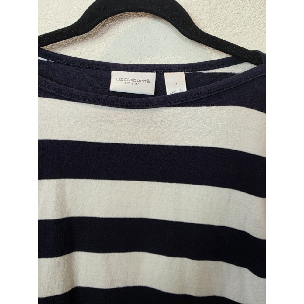 VTG Liz Claiborne Nautical MaxiDress Sz M SideSlit Cotton NavyRedStripe Coastal - Picture 2 of 4